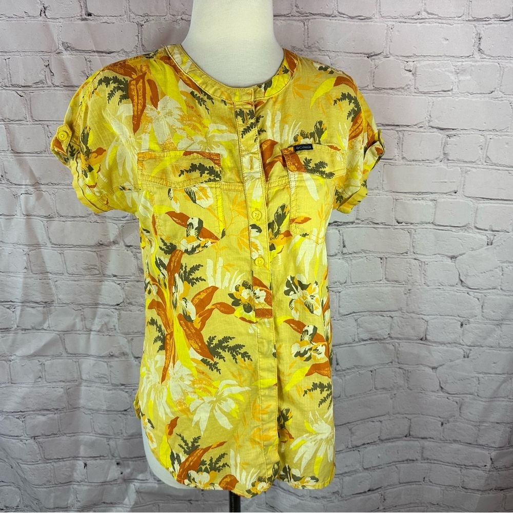 Columbia bright Tropical cap Sleeve Button Down Shirt womens XS beach utility
